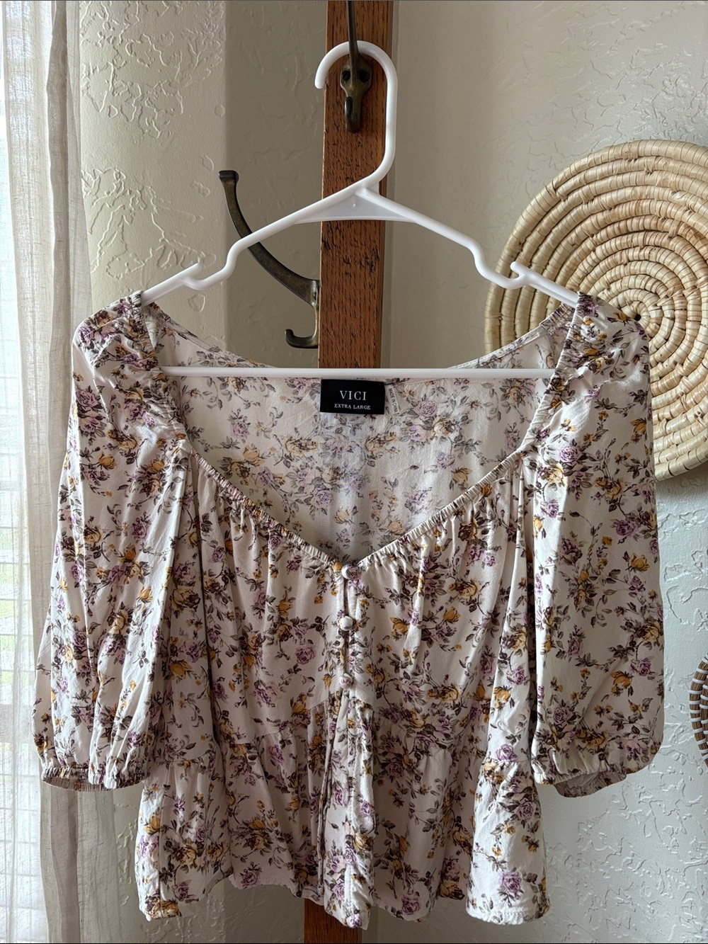 VICI Cream Floral Puff-Sleeve Peasant Blouse with Purple & Yellow Accents